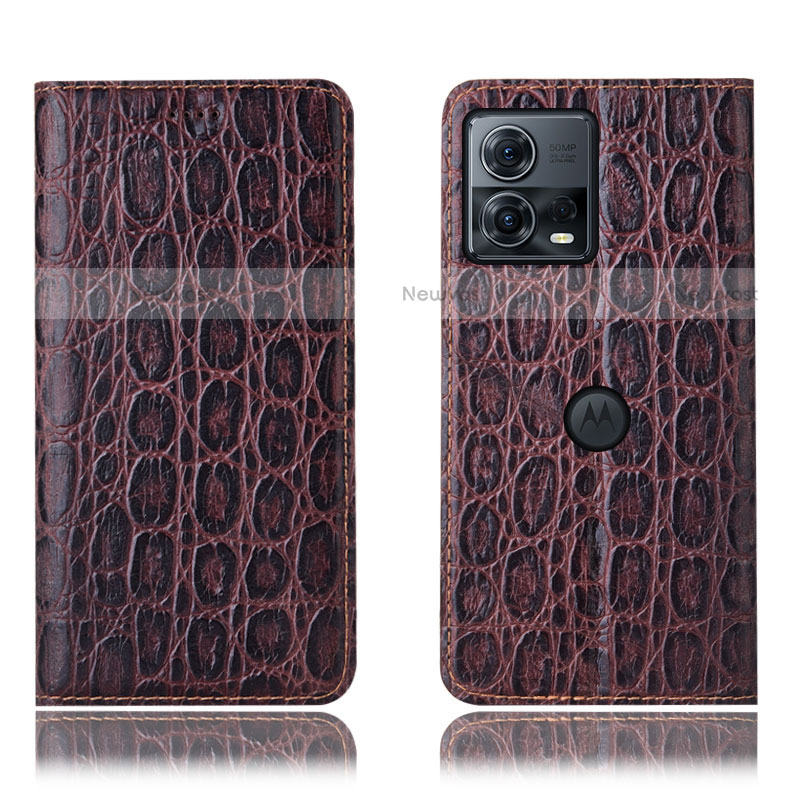 Leather Case Stands Flip Cover Holder H18P for Motorola Moto Edge 30 Fusion 5G Brown