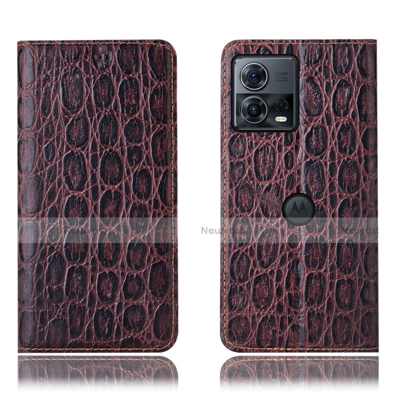 Leather Case Stands Flip Cover Holder H18P for Motorola Moto Edge S30 Pro 5G Brown