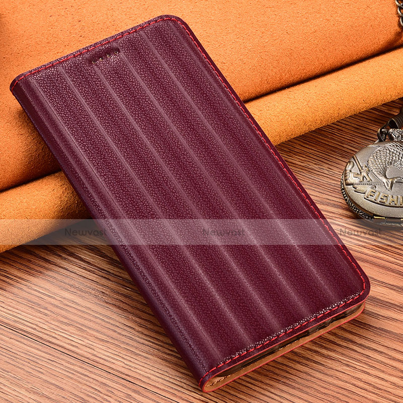 Leather Case Stands Flip Cover Holder H18P for Motorola Moto G40 Fusion Red Wine