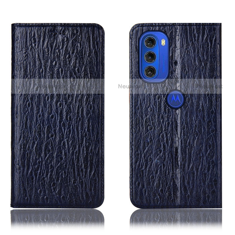 Leather Case Stands Flip Cover Holder H18P for Motorola Moto G51 5G Blue