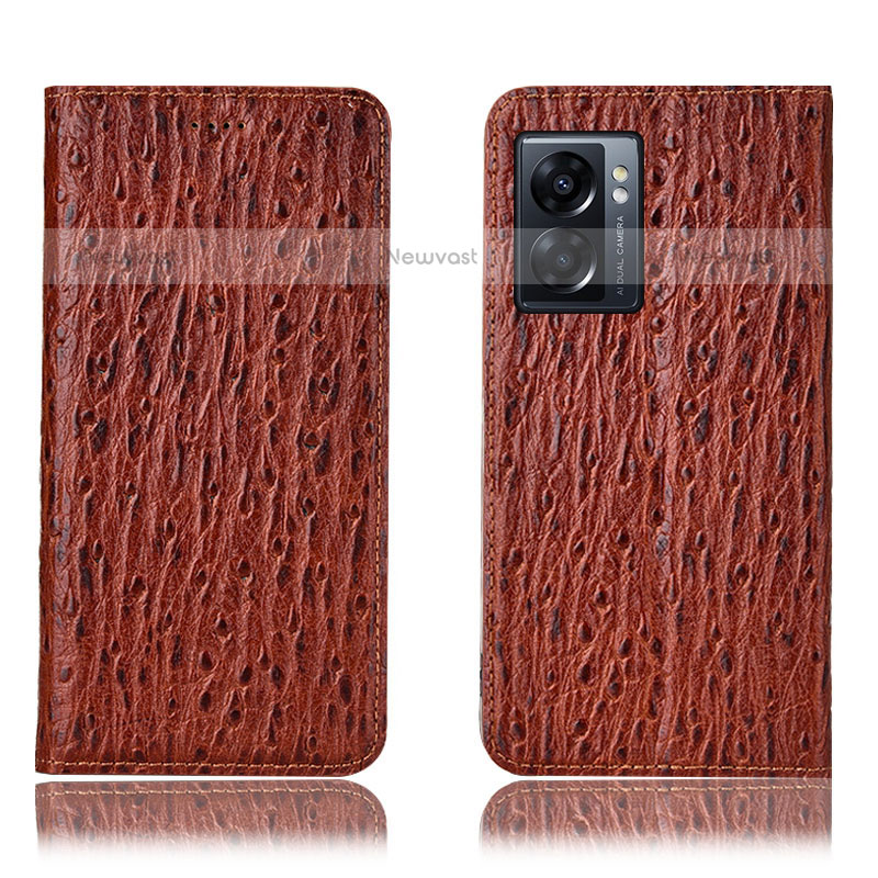 Leather Case Stands Flip Cover Holder H18P for OnePlus Nord N300 5G Brown