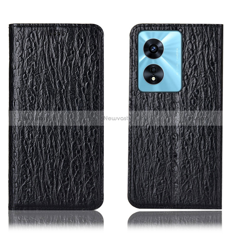 Leather Case Stands Flip Cover Holder H18P for Oppo A58 5G Black