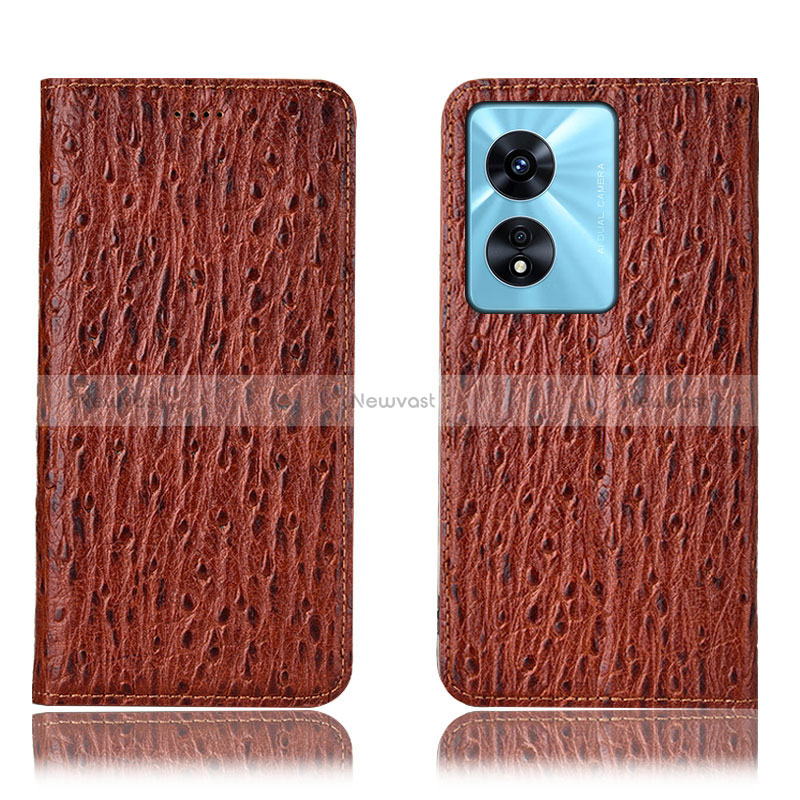 Leather Case Stands Flip Cover Holder H18P for Oppo A58x 5G Brown