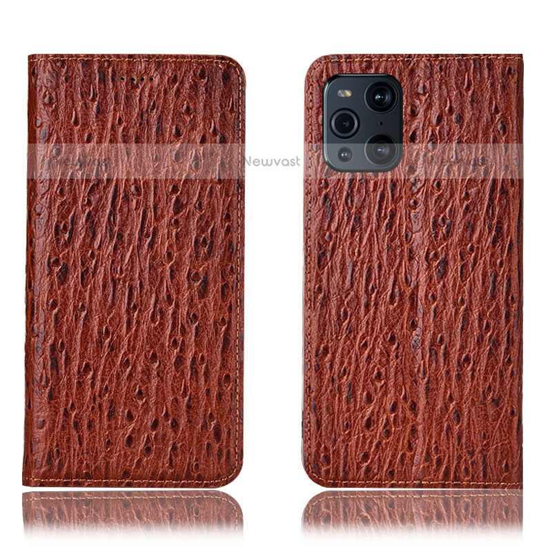 Leather Case Stands Flip Cover Holder H18P for Oppo Find X3 Pro 5G Brown