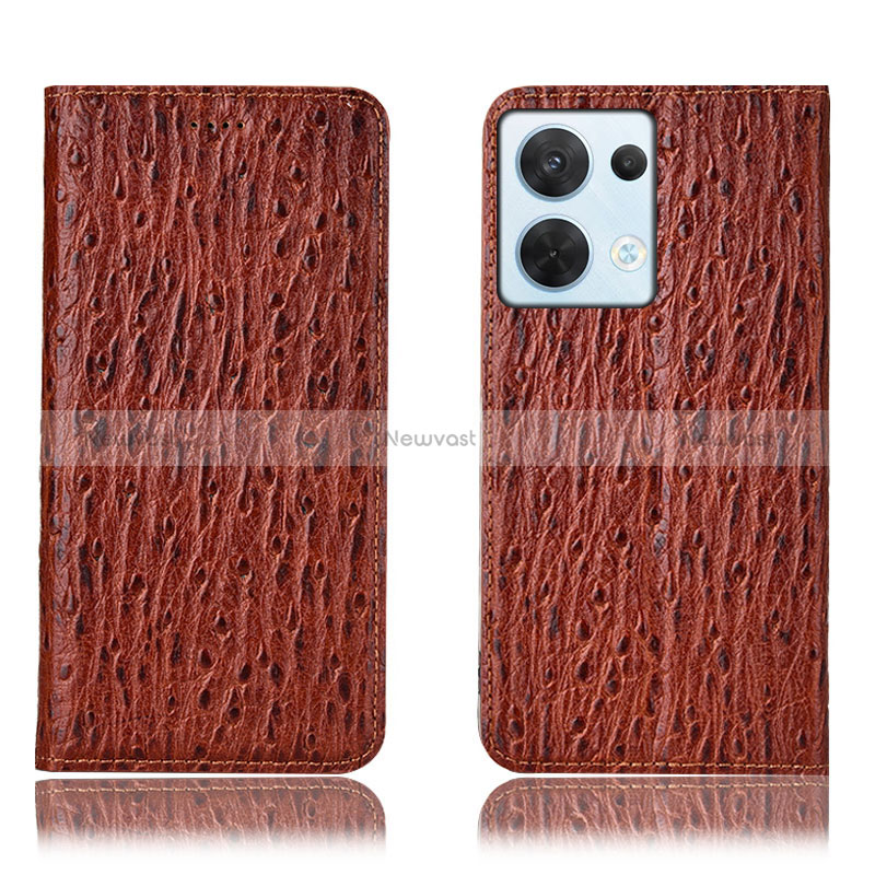 Leather Case Stands Flip Cover Holder H18P for Oppo Reno9 5G Brown