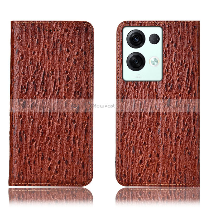 Leather Case Stands Flip Cover Holder H18P for Oppo Reno9 Pro+ Plus 5G Brown