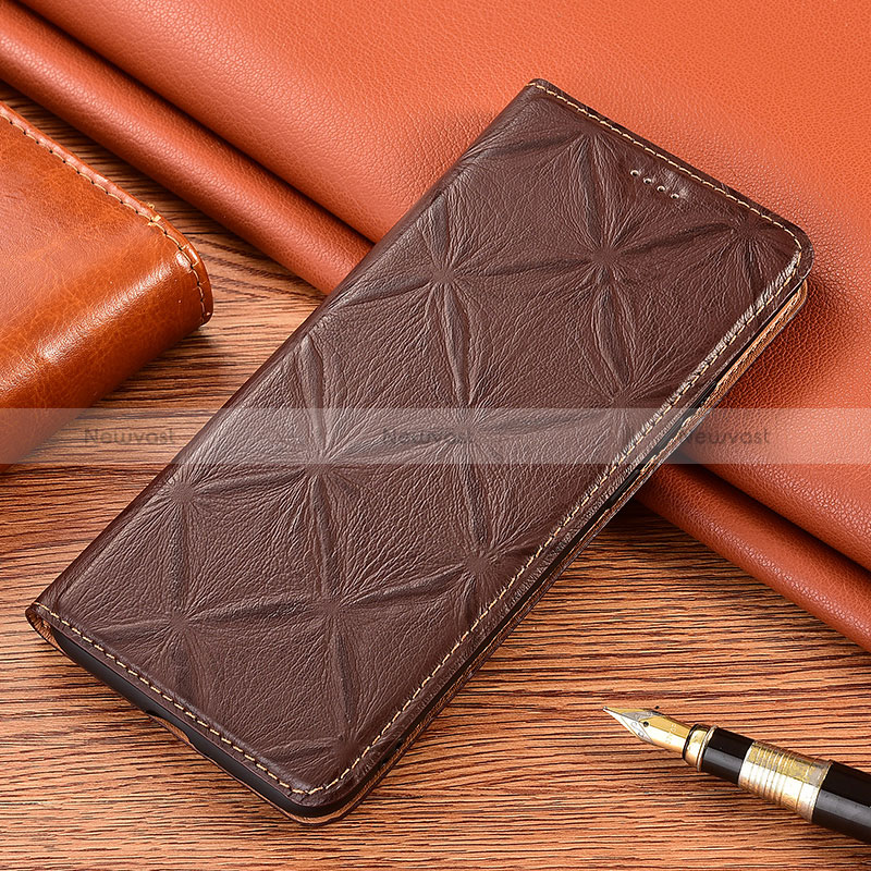 Leather Case Stands Flip Cover Holder H19P for Apple iPhone 12 Brown