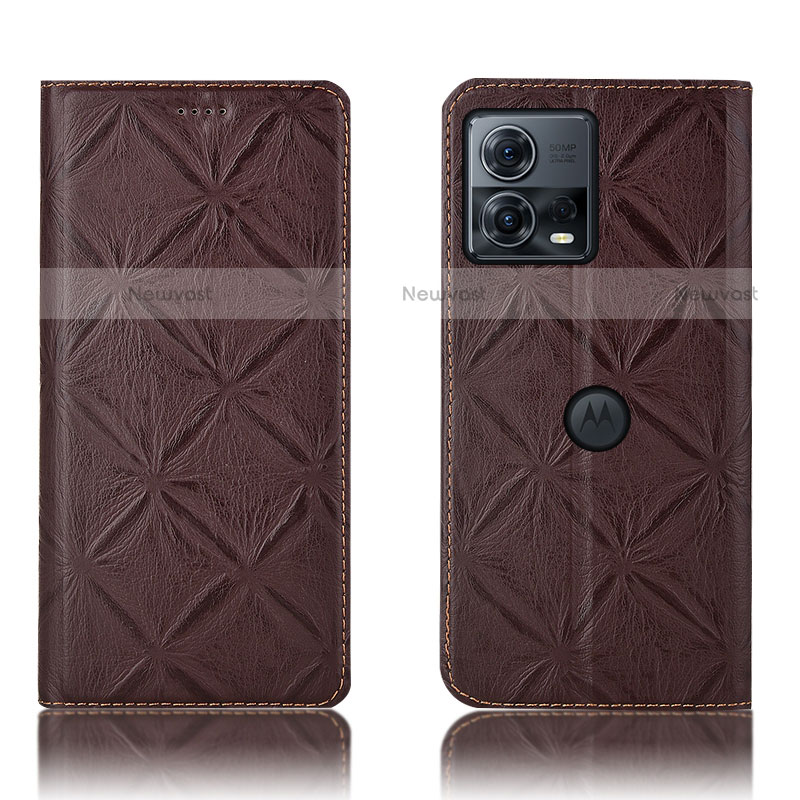 Leather Case Stands Flip Cover Holder H19P for Motorola Moto Edge 30 Fusion 5G Brown