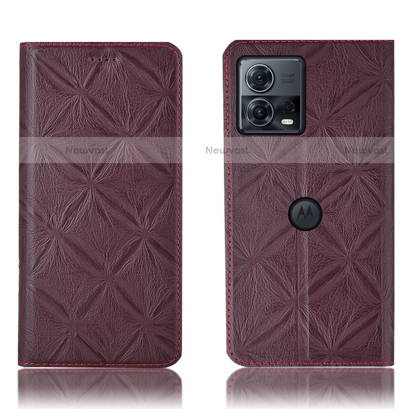 Leather Case Stands Flip Cover Holder H19P for Motorola Moto Edge 30 Fusion 5G Red Wine