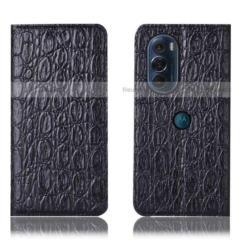 Leather Case Stands Flip Cover Holder H19P for Motorola Moto Edge 30 Pro 5G Black