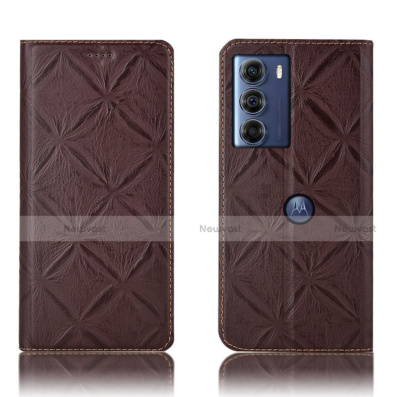 Leather Case Stands Flip Cover Holder H19P for Motorola Moto G200 5G Brown