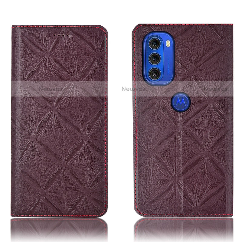 Leather Case Stands Flip Cover Holder H19P for Motorola Moto G51 5G Red Wine
