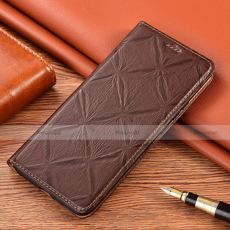 Leather Case Stands Flip Cover Holder H19P for Motorola Moto G62 5G Brown