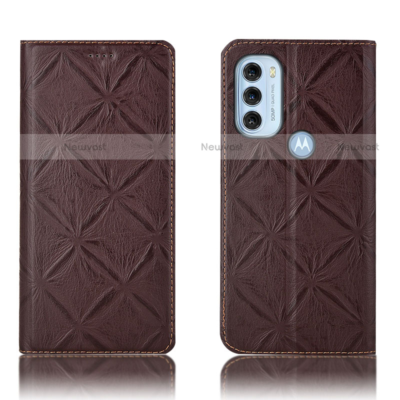 Leather Case Stands Flip Cover Holder H19P for Motorola Moto G71 5G Brown