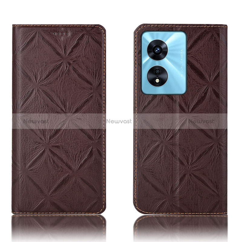 Leather Case Stands Flip Cover Holder H19P for Oppo A58 5G Brown