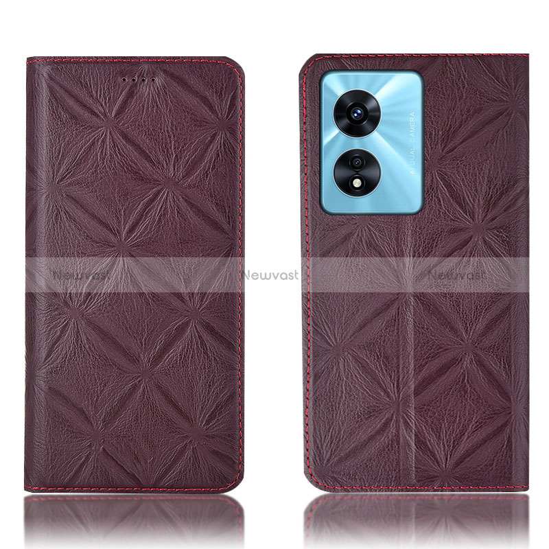 Leather Case Stands Flip Cover Holder H19P for Oppo A58 5G Red Wine