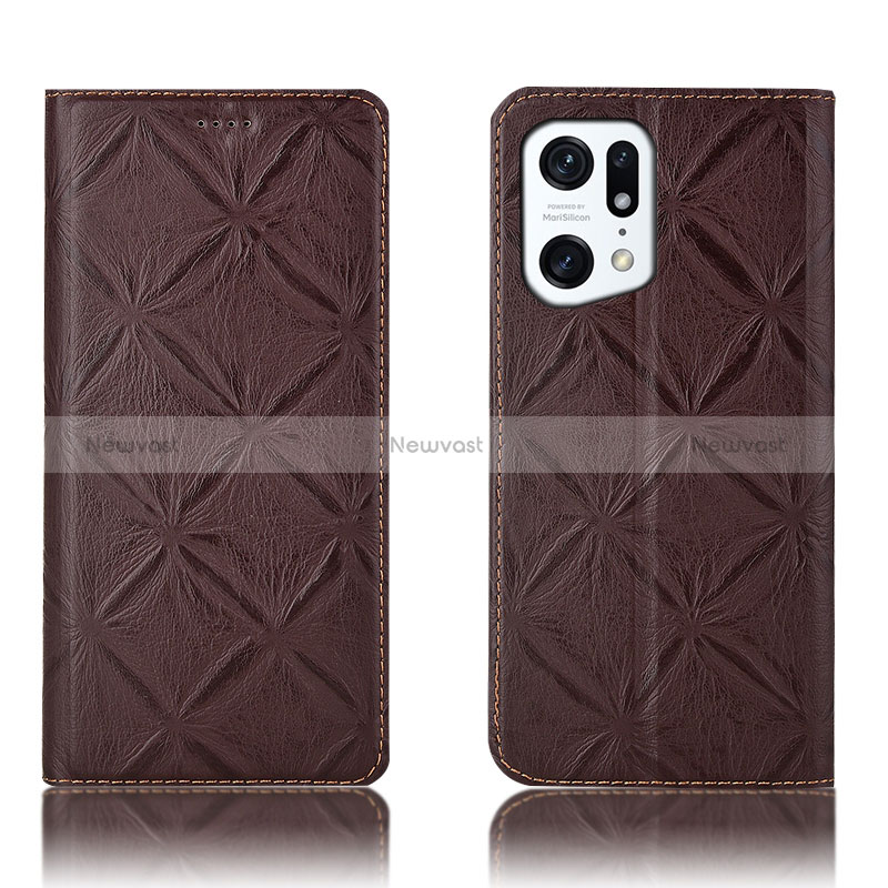 Leather Case Stands Flip Cover Holder H19P for Oppo Find X5 5G Brown