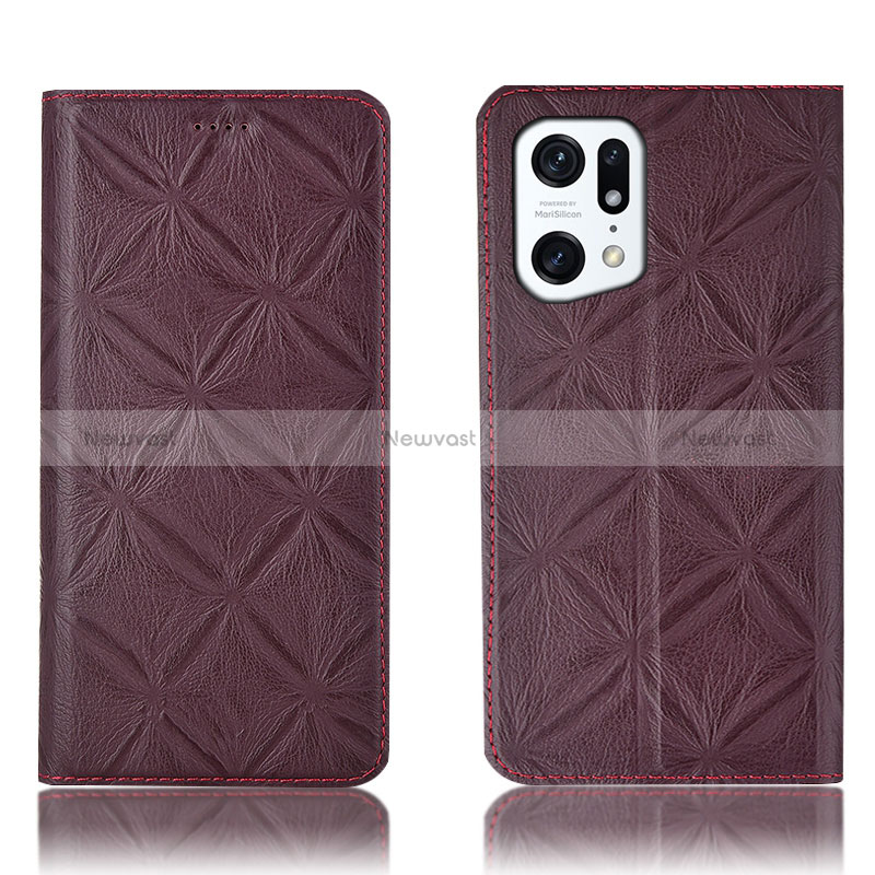 Leather Case Stands Flip Cover Holder H19P for Oppo Find X5 5G Red Wine