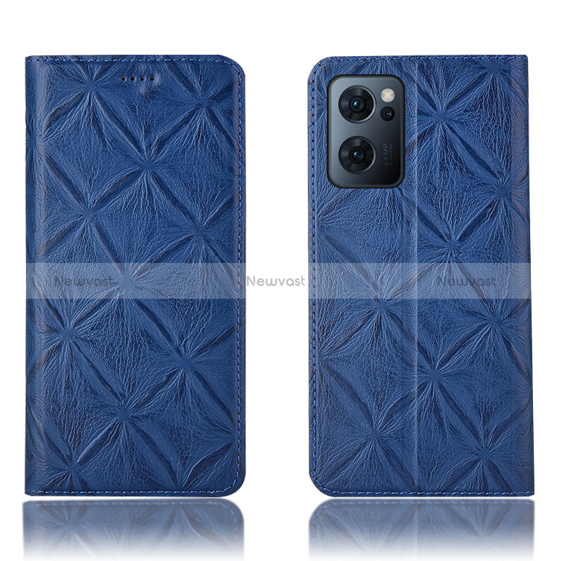 Leather Case Stands Flip Cover Holder H19P for Oppo Reno7 5G Blue