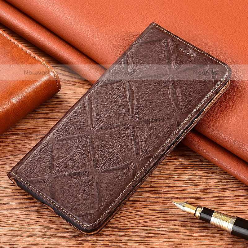 Leather Case Stands Flip Cover Holder H19P for Samsung Galaxy F12 Brown