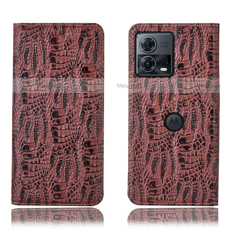 Leather Case Stands Flip Cover Holder H20P for Motorola Moto Edge 30 Fusion 5G Brown