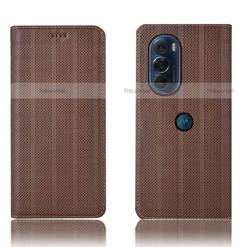 Leather Case Stands Flip Cover Holder H20P for Motorola Moto Edge Plus (2022) 5G Brown
