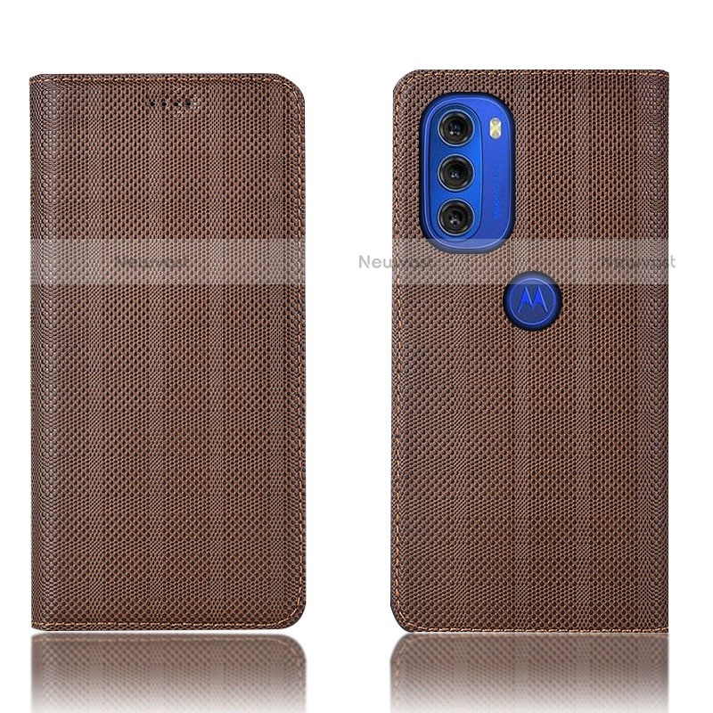 Leather Case Stands Flip Cover Holder H20P for Motorola Moto G51 5G Brown