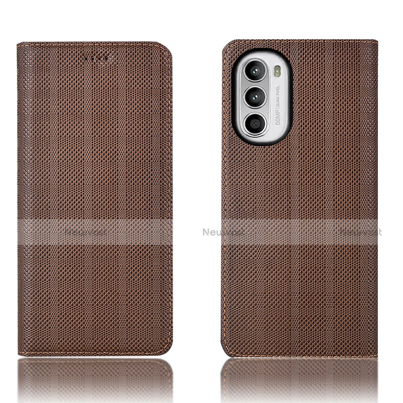 Leather Case Stands Flip Cover Holder H20P for Motorola Moto G71s 5G Brown