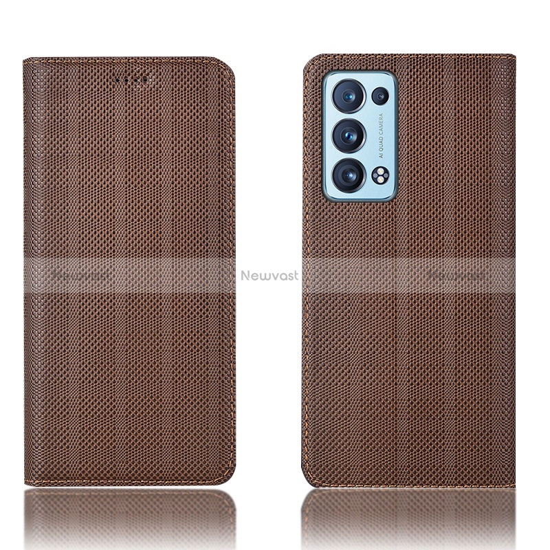 Leather Case Stands Flip Cover Holder H20P for Oppo Reno6 Pro+ Plus 5G Brown
