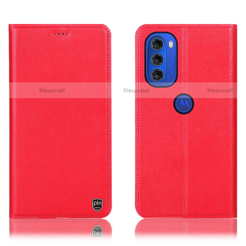 Leather Case Stands Flip Cover Holder H21P for Motorola Moto G51 5G Red