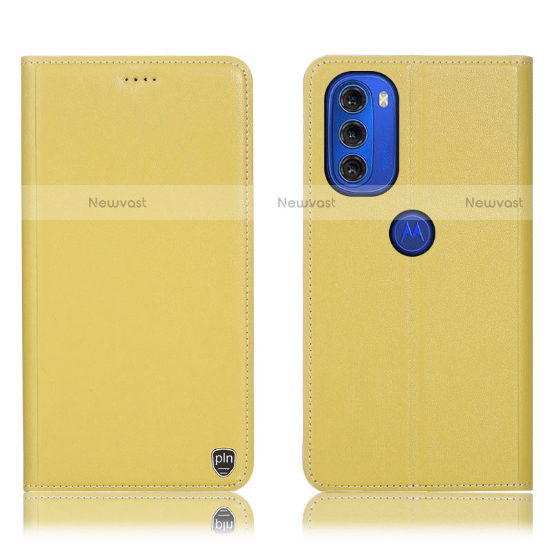 Leather Case Stands Flip Cover Holder H21P for Motorola Moto G51 5G Yellow