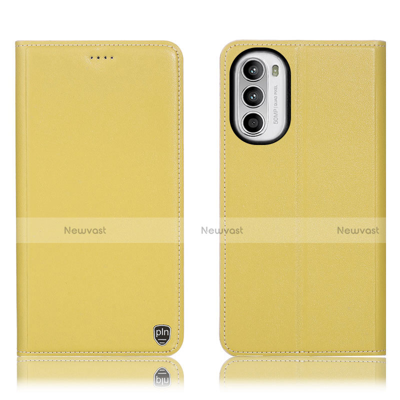 Leather Case Stands Flip Cover Holder H21P for Motorola MOTO G52 Yellow