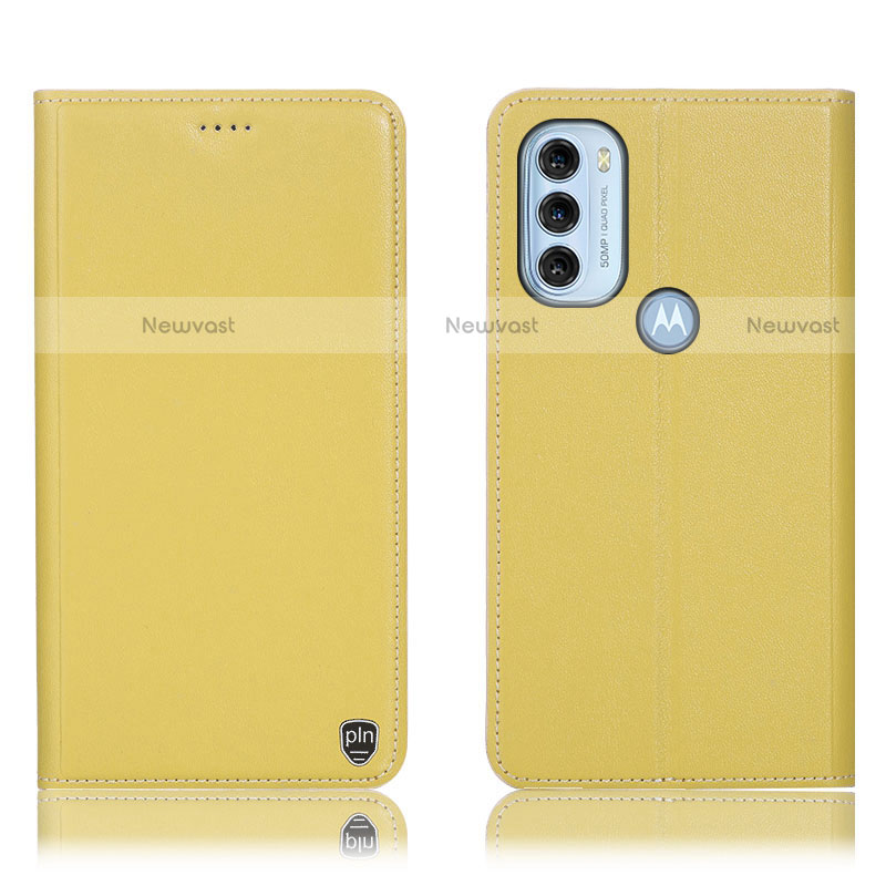 Leather Case Stands Flip Cover Holder H21P for Motorola Moto G71 5G Yellow