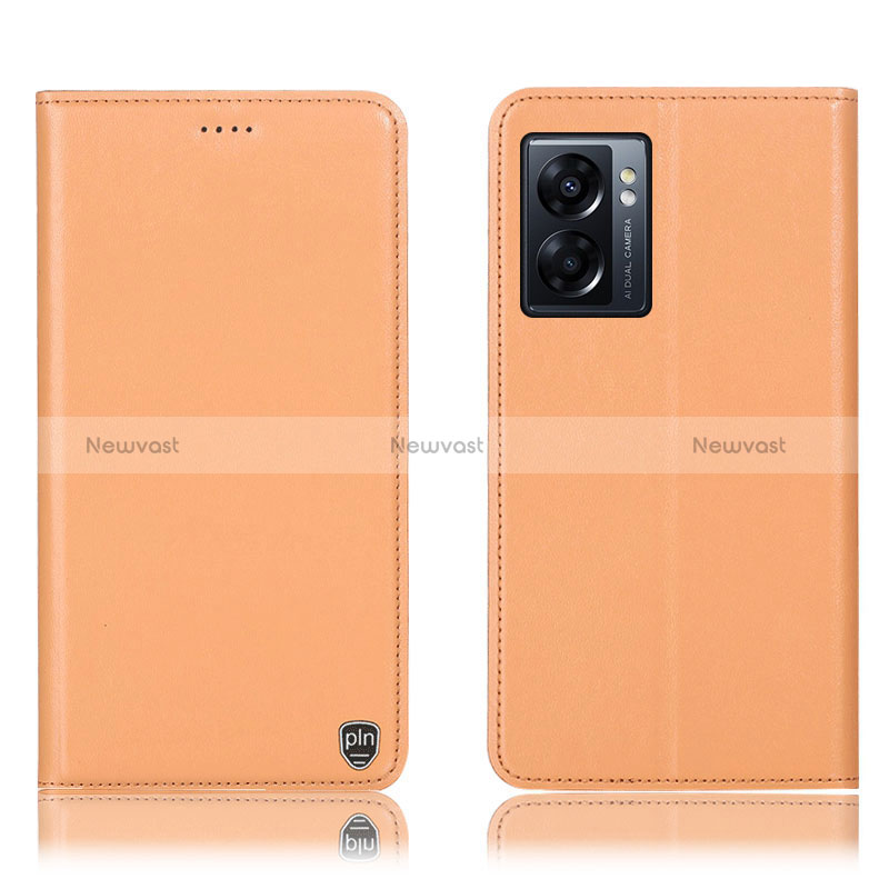 Leather Case Stands Flip Cover Holder H21P for Oppo A56S 5G Orange