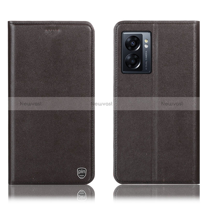 Leather Case Stands Flip Cover Holder H21P for Oppo A57 5G Brown