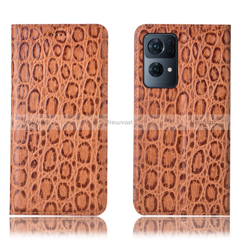 Leather Case Stands Flip Cover Holder H22P for Oppo Reno7 Pro 5G Light Brown