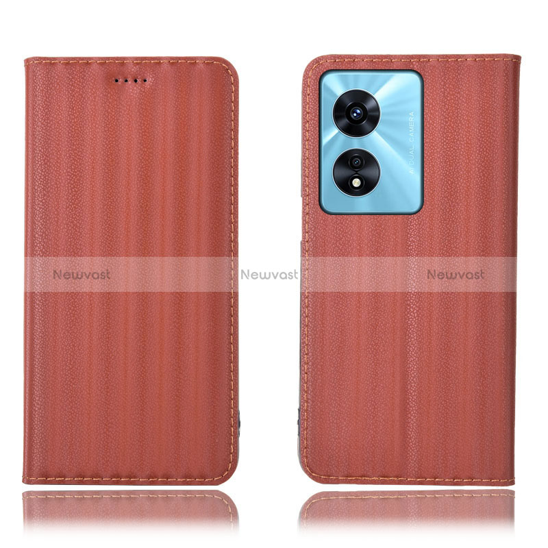 Leather Case Stands Flip Cover Holder H23P for Oppo A58 5G Brown