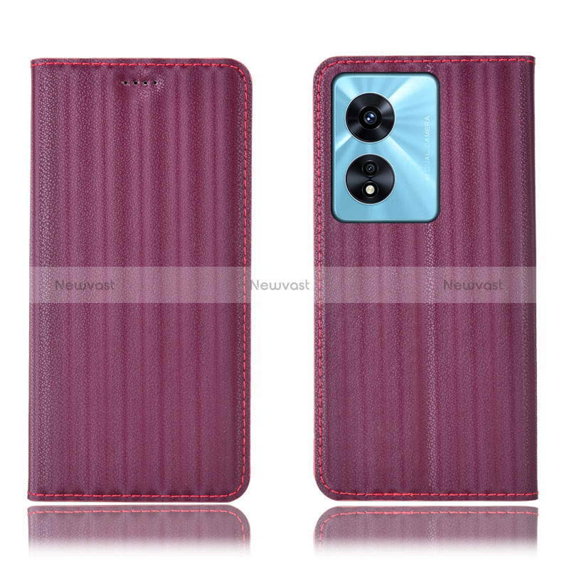 Leather Case Stands Flip Cover Holder H23P for Oppo A58 5G Red Wine