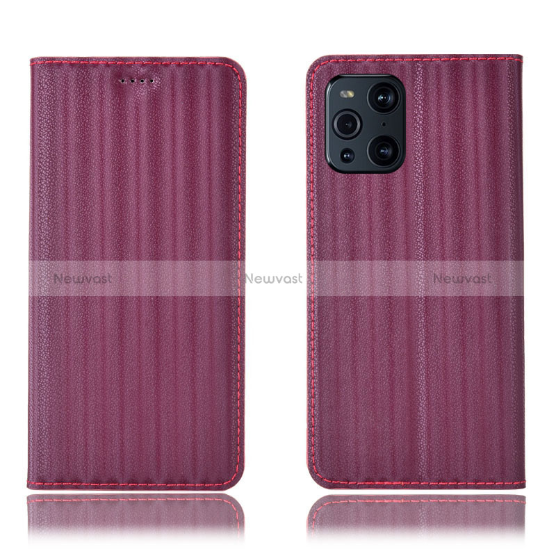 Leather Case Stands Flip Cover Holder H23P for Oppo Find X3 5G Red Wine