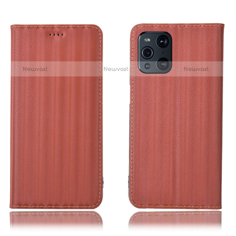 Leather Case Stands Flip Cover Holder H23P for Oppo Find X3 Pro 5G Brown