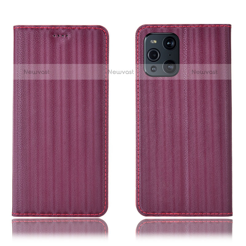 Leather Case Stands Flip Cover Holder H23P for Oppo Find X3 Pro 5G Red Wine