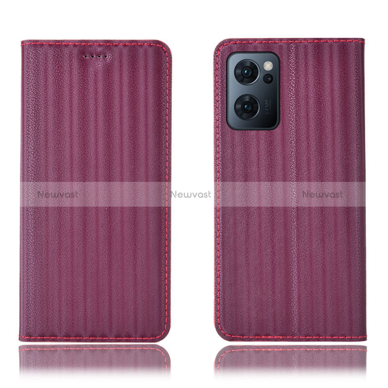 Leather Case Stands Flip Cover Holder H23P for Oppo Reno7 5G Red Wine