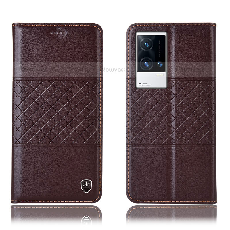 Leather Case Stands Flip Cover Holder H27P for Vivo iQOO 8 Pro 5G Brown