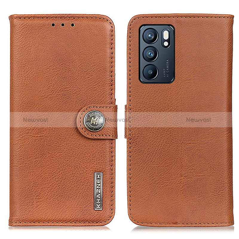 Leather Case Stands Flip Cover Holder K02Z for Oppo Reno6 5G Brown