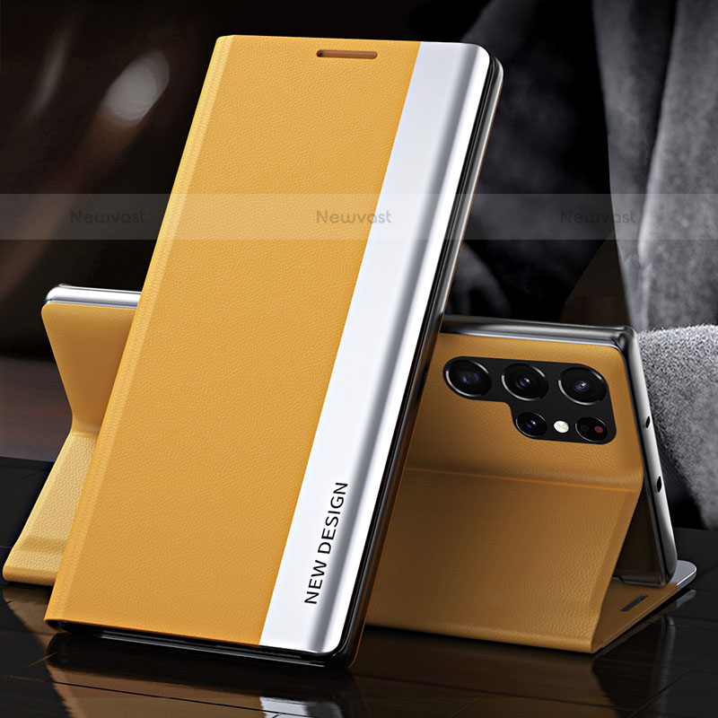Leather Case Stands Flip Cover Holder L01 for Samsung Galaxy S21 Ultra 5G Yellow