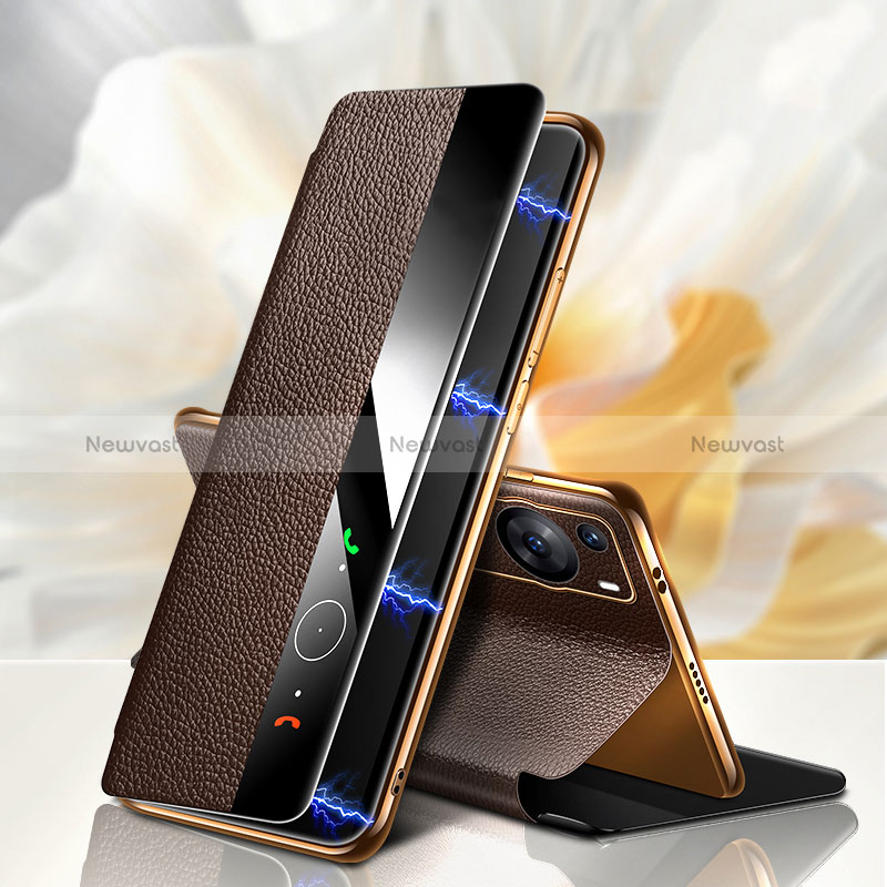 Leather Case Stands Flip Cover Holder L02 for Huawei P60 Pro Brown