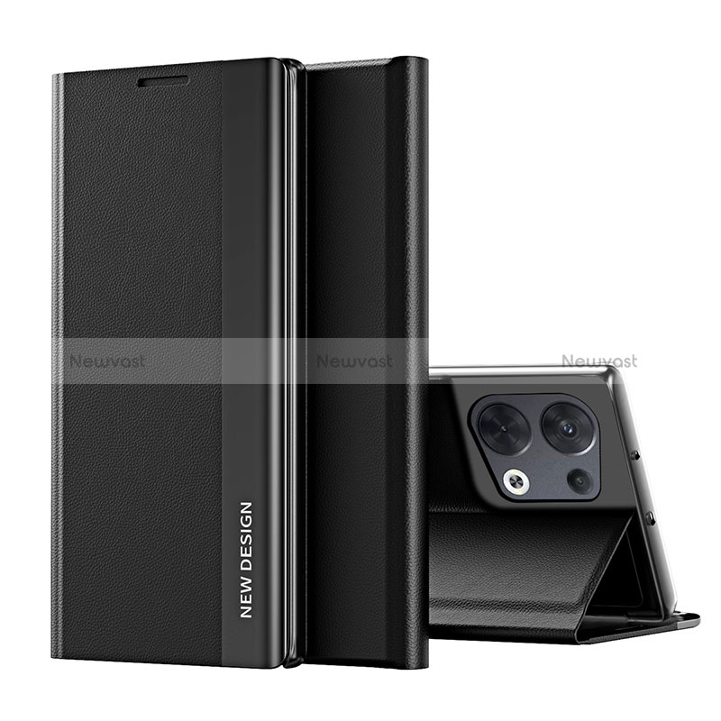 Leather Case Stands Flip Cover Holder L02 for Oppo Reno9 5G Black