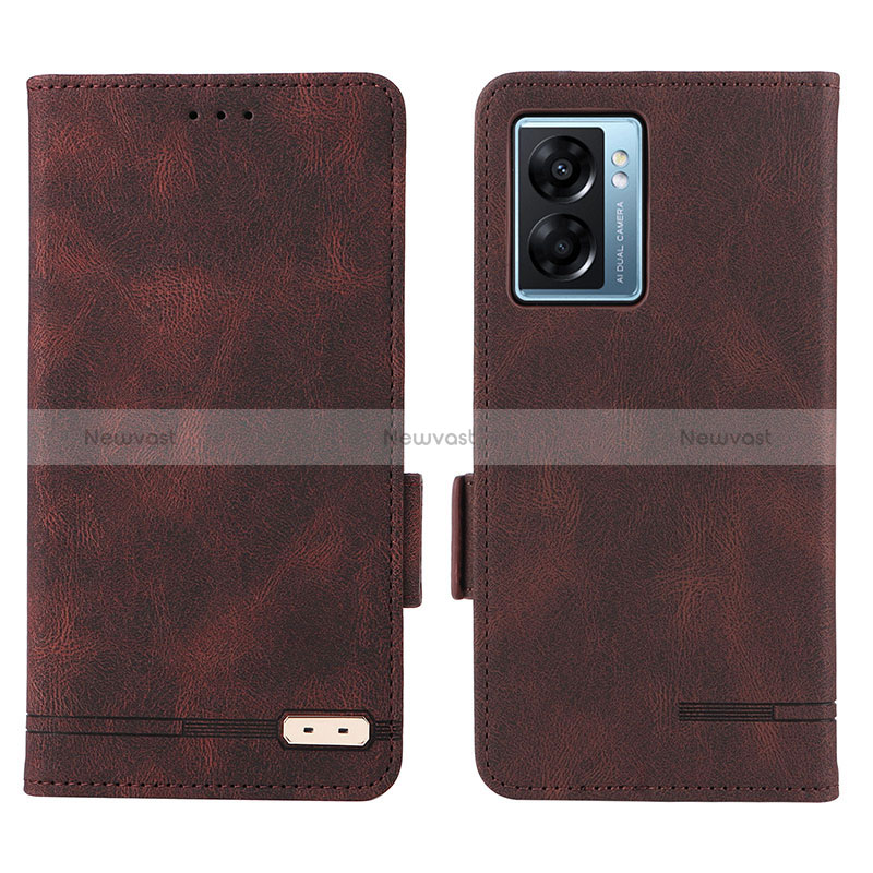 Leather Case Stands Flip Cover Holder L03Z for Oppo A56S 5G Brown