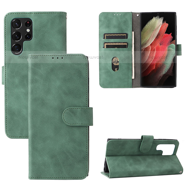 Leather Case Stands Flip Cover Holder L04Z for Samsung Galaxy S21 Ultra 5G Green