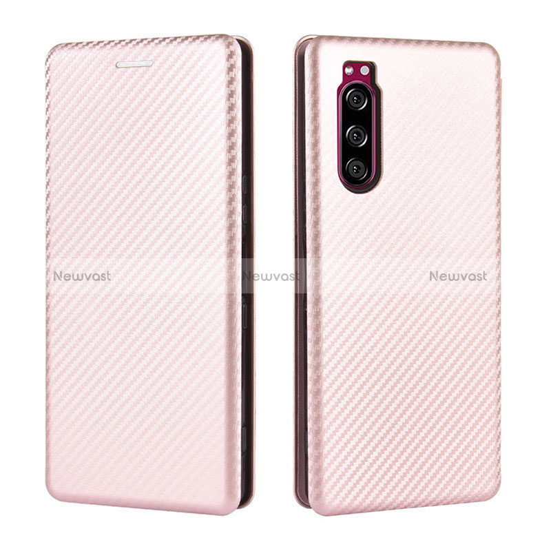 Leather Case Stands Flip Cover Holder L04Z for Sony Xperia 5 Rose Gold